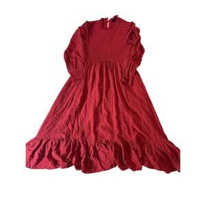 HATCH Red Smocked Midi Dress Long Sleeve Ruffle Hem Women’s Size S